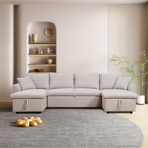 Beige Reversible U-Shape Sleeper Sectional Sofa