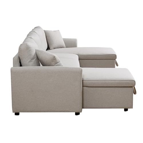 Beige Reversible U-Shape Sleeper Sectional Sofa