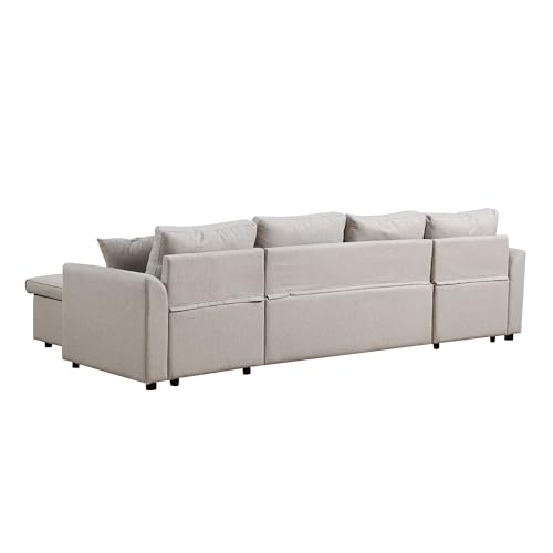 Beige Reversible U-Shape Sleeper Sectional Sofa