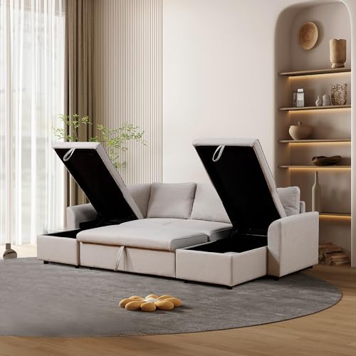 Beige Reversible U-Shape Sleeper Sectional Sofa