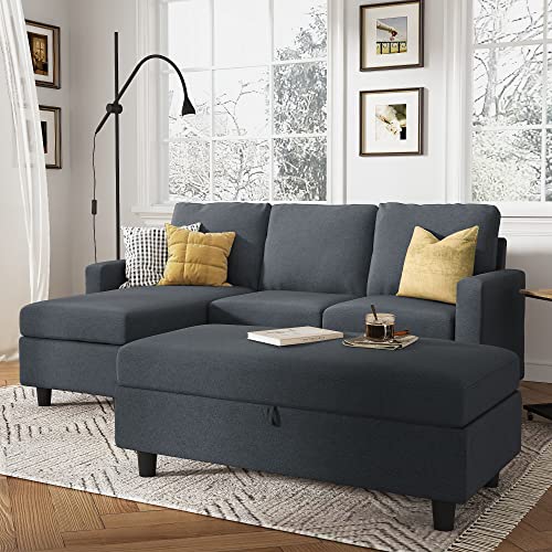 Reversible L-Shaped Sofa with Ottoman in Bluish Grey