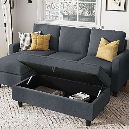 Reversible L-Shaped Sofa with Ottoman in Bluish Grey
