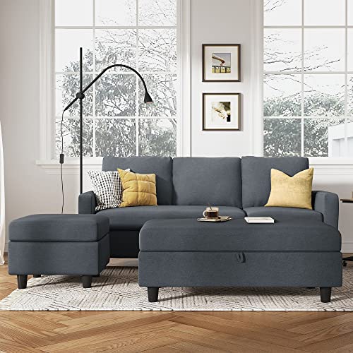 Reversible L-Shaped Sofa with Ottoman in Bluish Grey