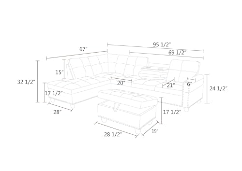 LOPOO 97" Grey L-Shaped Modular Sofa Set