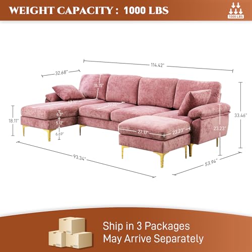U-Shaped Velvet Sectional Sofa with Ottoman and Pillows