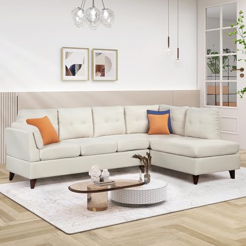L-Shaped Beige Sectional Sofa with Chaise Lounge