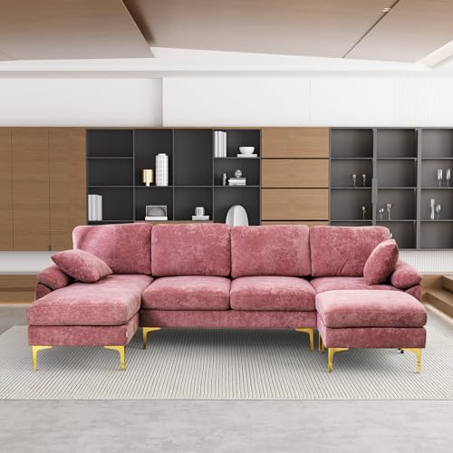 U-Shaped Velvet Sectional Sofa with Ottoman and Pillows