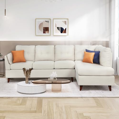 L-Shaped Beige Sectional Sofa with Chaise Lounge