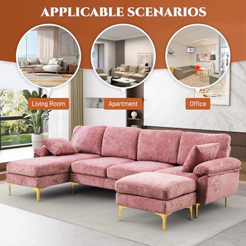 U-Shaped Velvet Sectional Sofa with Ottoman and Pillows