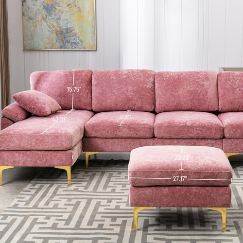 U-Shaped Velvet Sectional Sofa with Ottoman and Pillows