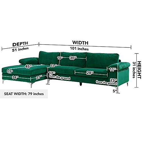 Emerald Large Velvet L-Shaped Sectional Sofa