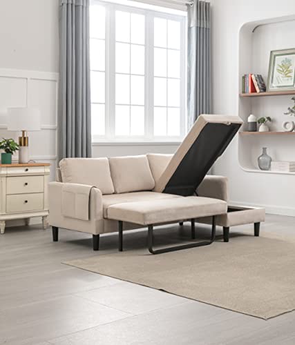 Beige L-Shaped Sleeper Sectional Sofa with Storage