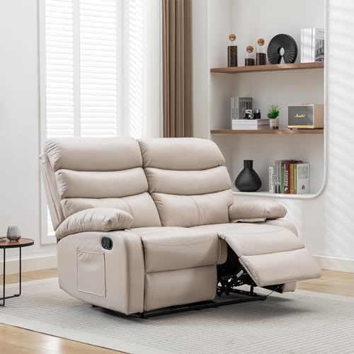 Beige Reclining Loveseat Sofa with Side Pockets