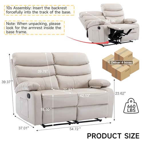 Beige Reclining Loveseat Sofa with Side Pockets