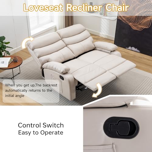 Beige Reclining Loveseat Sofa with Side Pockets