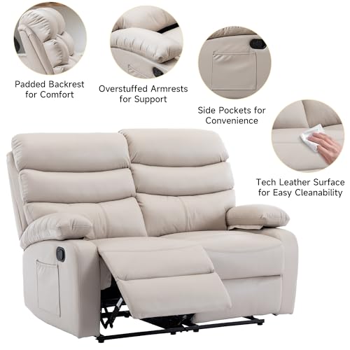 Beige Reclining Loveseat Sofa with Side Pockets
