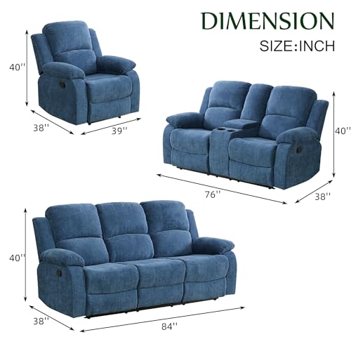 Blue Reclining Sofa Set - 3 Piece Collection