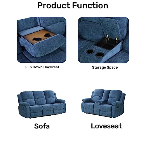 Blue Reclining Sofa Set - 3 Piece Collection
