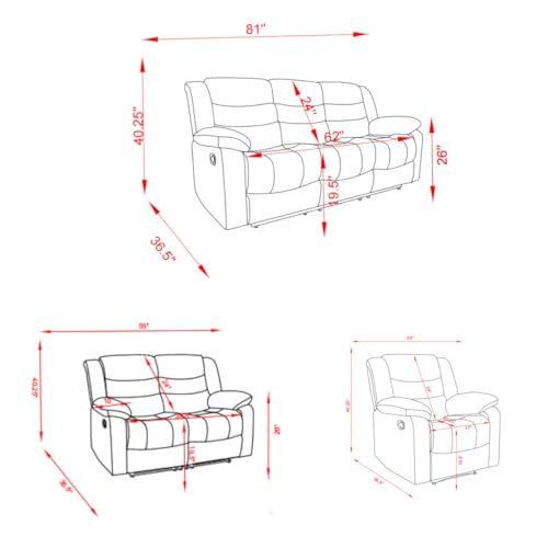 Gray 3-Piece Oversized Reclining Sofa Set