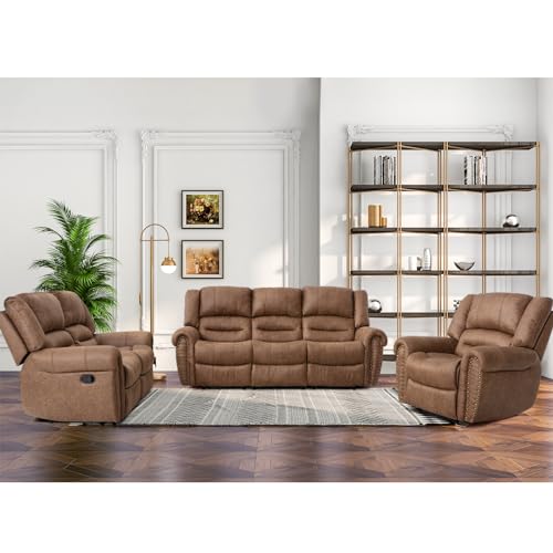 Nut Brown Manual Recliner Sofa Set - 3 Pieces