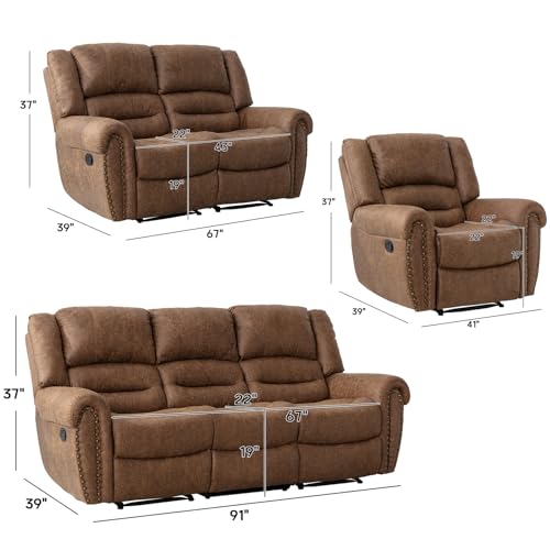 Nut Brown Manual Recliner Sofa Set - 3 Pieces