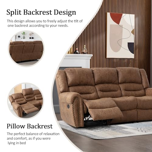 Nut Brown Manual Recliner Sofa Set - 3 Pieces