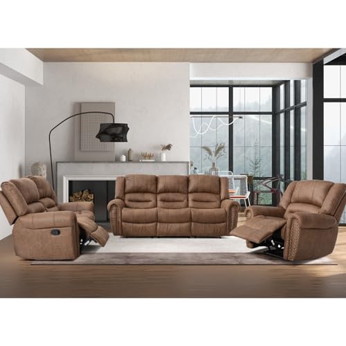 Nut Brown Manual Recliner Sofa Set - 3 Pieces