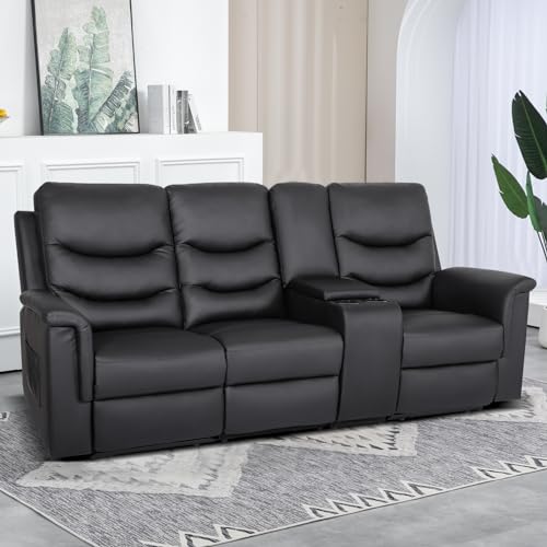 3-Seater Faux Leather Recliner Sofa with Console & Cup Holders