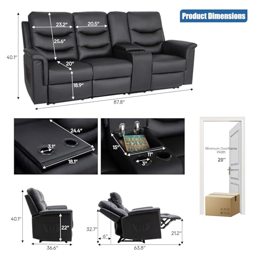 3-Seater Faux Leather Recliner Sofa with Console & Cup Holders