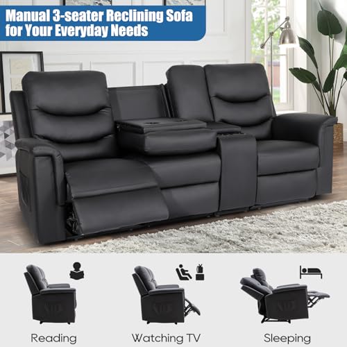 3-Seater Faux Leather Recliner Sofa with Console & Cup Holders