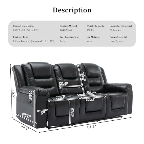 Black PU Leather 3-Seater Manual Reclining Sofa