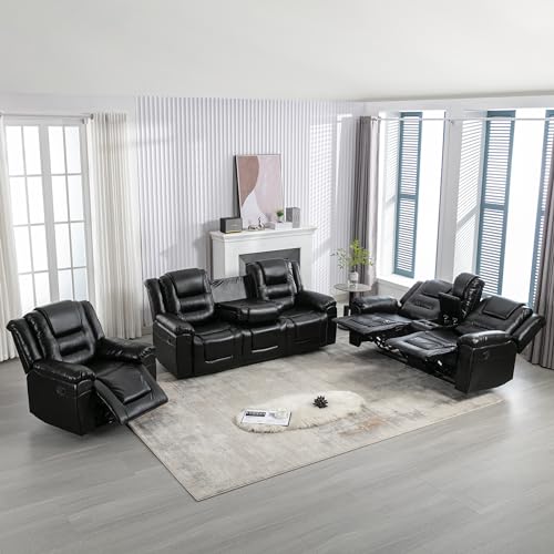 Black PU Leather 3-Seater Manual Reclining Sofa