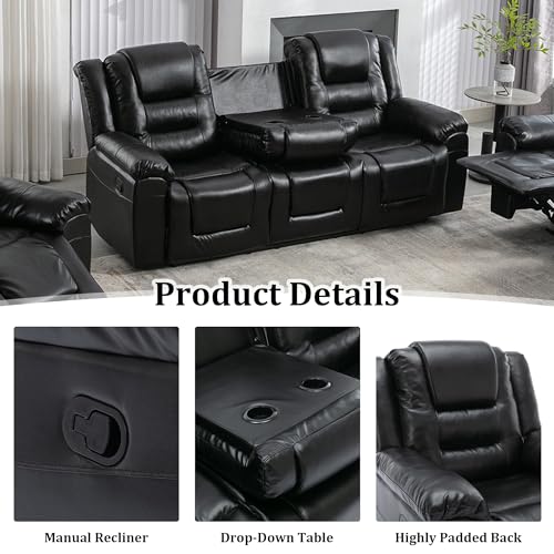 Black PU Leather 3-Seater Manual Reclining Sofa