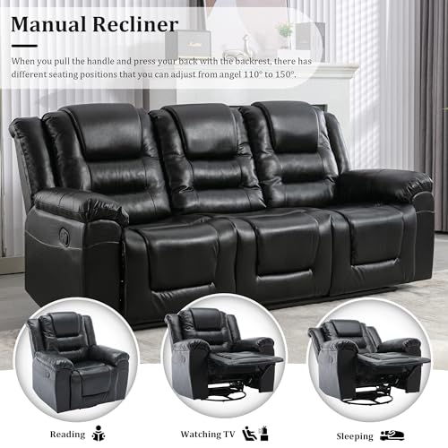 Black PU Leather 3-Seater Manual Reclining Sofa