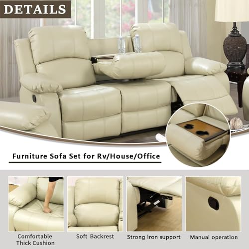Beige Bonded Leather Reclining Sofa Set