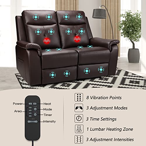 Brown Manual Reclining Leather Loveseat with Massage