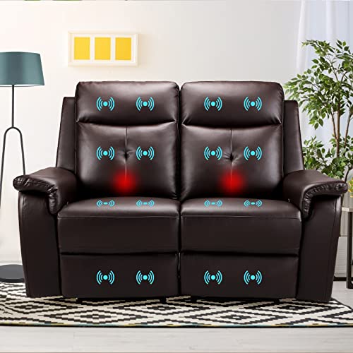 Brown Manual Reclining Leather Loveseat with Massage