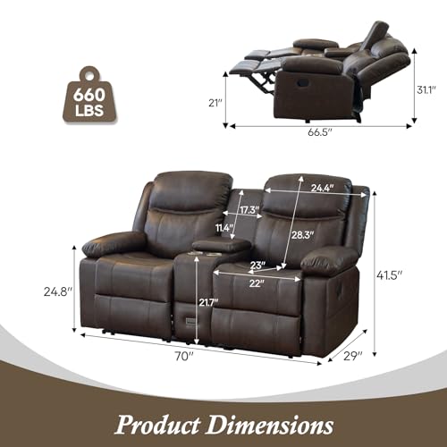 Comfortable Brown Reclining Loveseat with Console