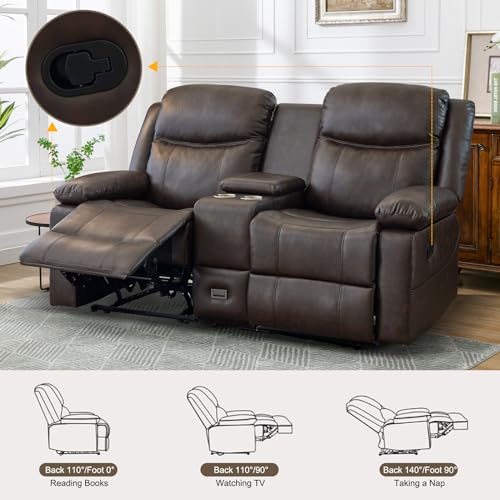 Comfortable Brown Reclining Loveseat with Console