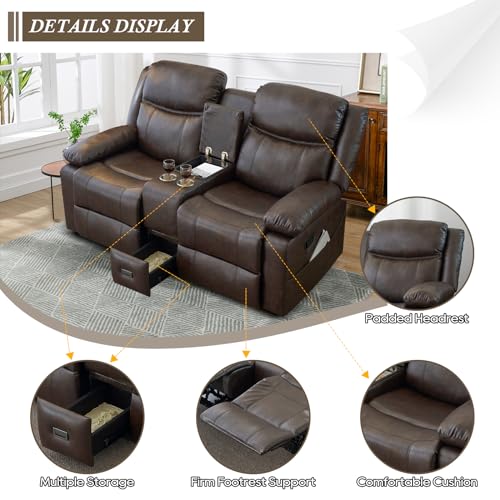 Comfortable Brown Reclining Loveseat with Console