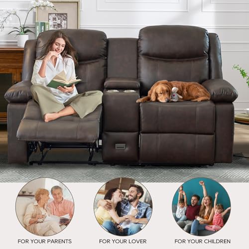 Comfortable Brown Reclining Loveseat with Console