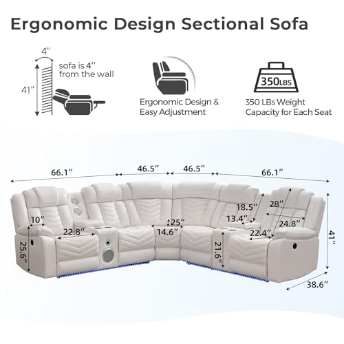 White Leather Power Recliner Sectional Sofa with Speakers