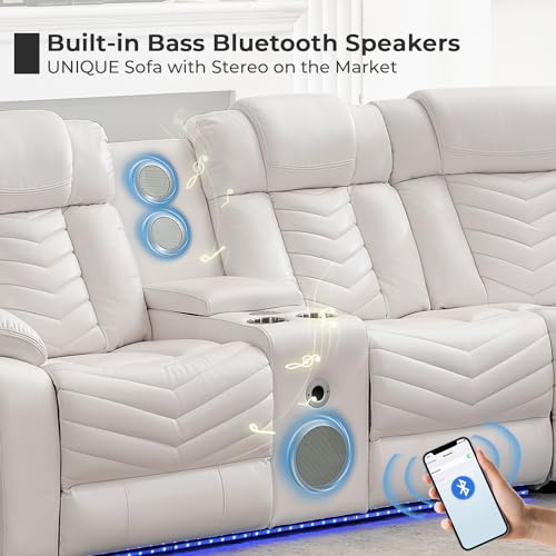 White Leather Power Recliner Sectional Sofa with Speakers