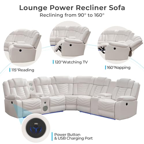 White Leather Power Recliner Sectional Sofa with Speakers