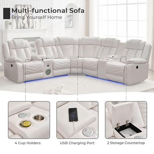 White Leather Power Recliner Sectional Sofa with Speakers