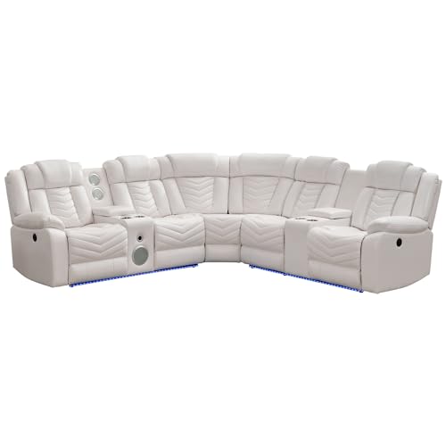 White Leather Power Recliner Sectional Sofa with Speakers