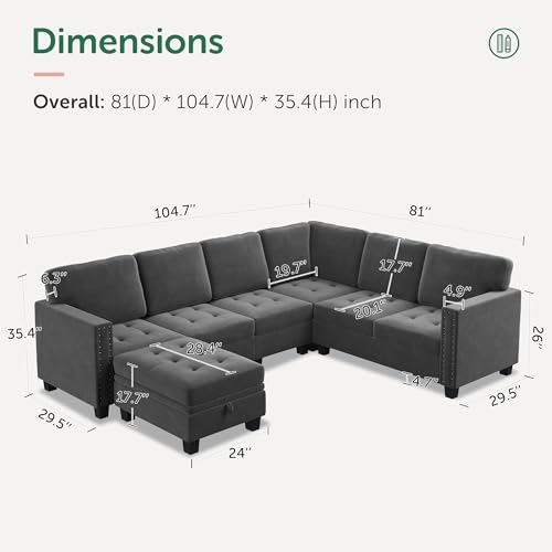 Grey Velvet L-Shaped Sectional Sofa with Ottoman