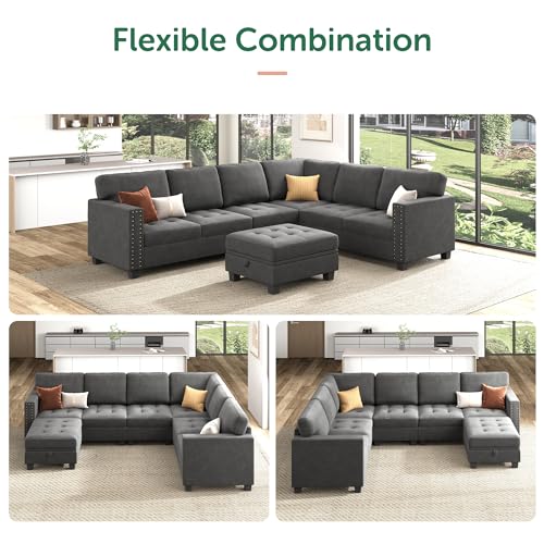 Grey Velvet L-Shaped Sectional Sofa with Ottoman