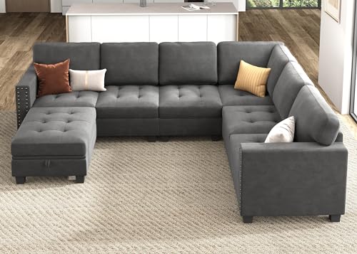 Grey Velvet L-Shaped Sectional Sofa with Ottoman