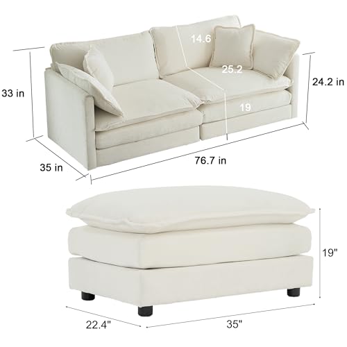 Modern L-Shaped Cloud Couch with Ottoman - Beige White